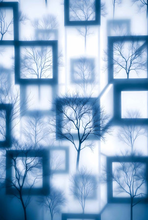 abstract background with winter trees, blue toned, soft focusの素材