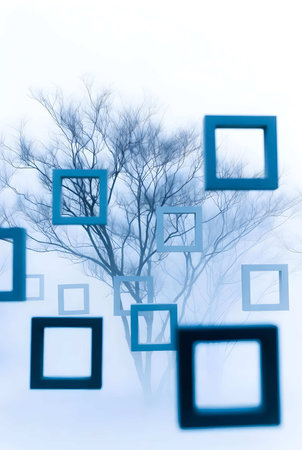 Blue photo frames on the background of a winter landscape with trees.の素材