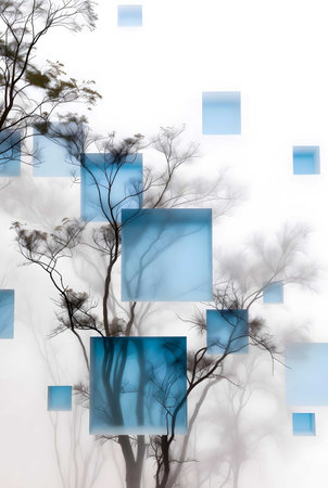 Abstract background with trees and blue squares on white background. Collage.の素材