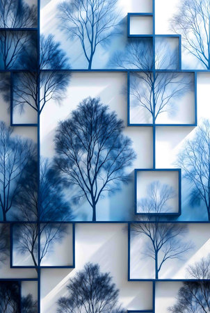 abstract blue background with trees and rectangles in the center.の素材