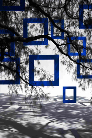 Illustration of blue and white abstract background with a tree in the foregroundの素材