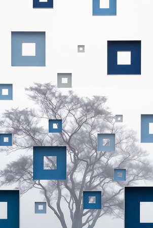 Abstract background with blue and white square frames and tree on white wallの素材