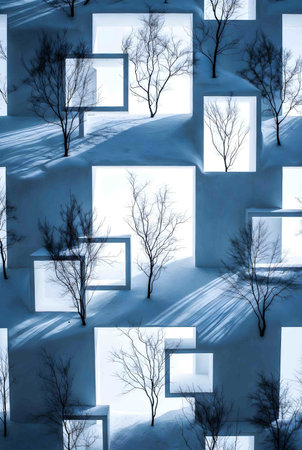 3d render of abstract winter background with trees and snowflakesの素材