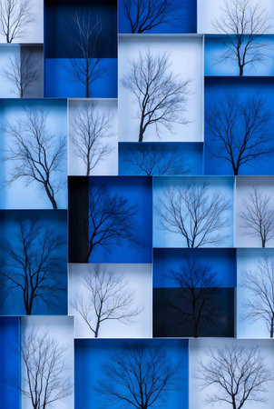 Creative collage made of images of trees in blue tones.の素材