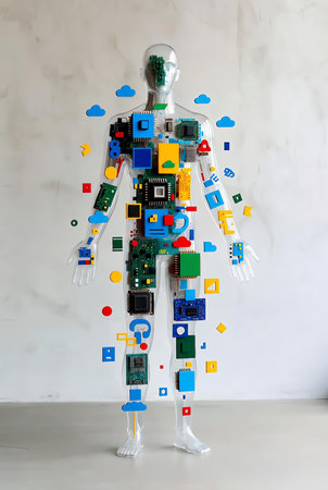 Robot made of many different electronic components on white wall background.の素材