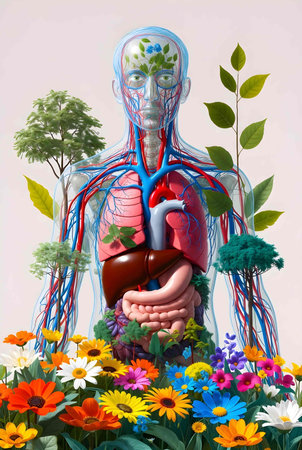 Human heart anatomy with flowers and plants. 3D illustration. Nature background.の素材
