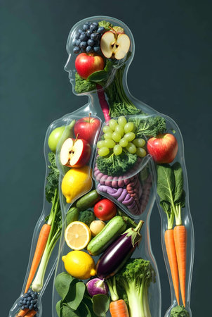 Fruits and vegetables in the shape of a human body on a dark backgroundの素材