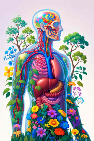 Human heart anatomy with flowers and plants. Vector illustration of a heart anatomy.の素材