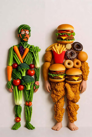 Funny man and vegetables in the form of hamburgers.の素材