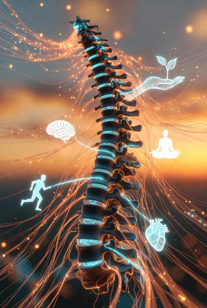 Digital illustration of human spine in digital background. 3D rendering.の素材