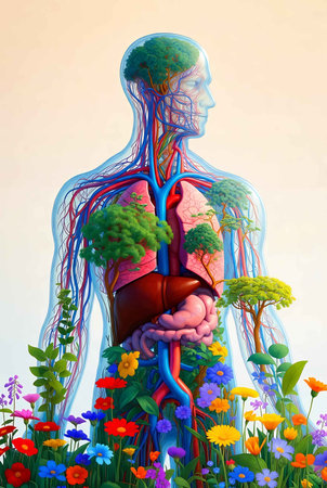 Human heart anatomy with flowers and plants. 3D render illustration.の素材