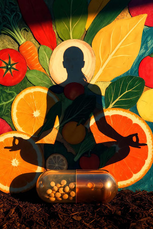 Woman meditating in lotus position with vitamin pills and fresh vegetablesの素材