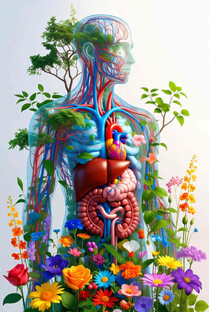 Human heart anatomy with flowers and plants in the background - 3d illustrationの素材