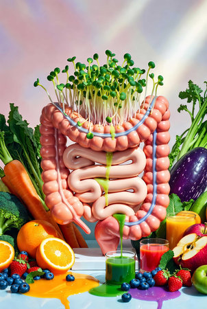 Human digestive system made of vegetables and fruits. Healthy food concept.の素材