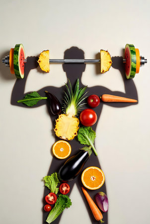 Fitness and healthy lifestyle concept. Body shape made of fresh fruits and vegetablesの素材