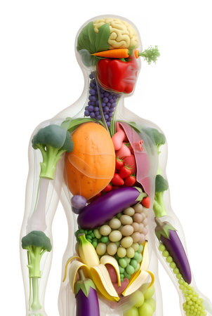 Vegetables and fruits with human body isolated on a white backgroundの素材