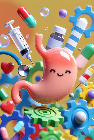 Healthy stomach with a stethoscope and syringe. 3d illustrationの素材