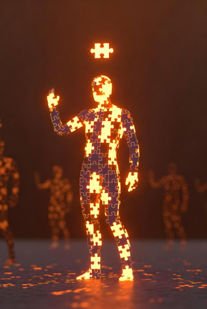 3d rendering of a human figure with a puzzle piece in his handの素材
