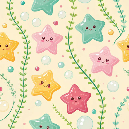 Seamless pattern with cute starfish and bubbles. Vector illustration.の素材
