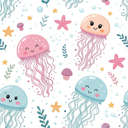 Seamless pattern with cute jellyfishes. Vector illustration.の素材