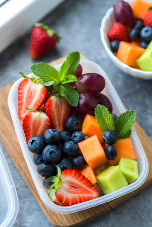 Healthy fruit salad in plastic box with fresh fruits, selective focusの素材