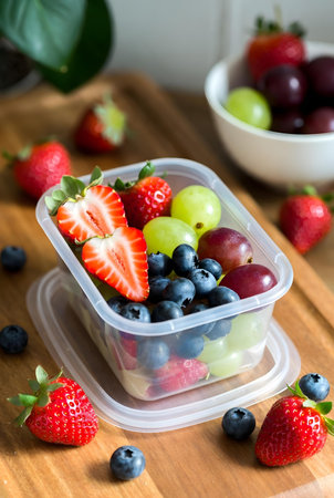 Fruit salad in plastic container with strawberries, blueberries and grapesの素材