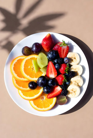 Healthy fruit salad on a white plate with fresh fruits, top viewの素材