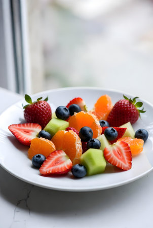 Fruit salad with strawberries, blueberries and kiwi on a white plateの素材