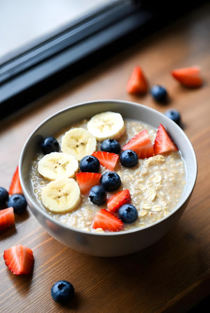 Oatmeal porridge with fresh berries and banana for healthy breakfast.の素材