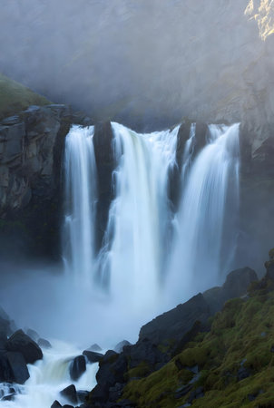 Waterfall in the mountains. Long exposure shot. Iceland, Europe.の素材