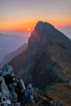 Sunset at the top of the mountain. Caucasus Mountains, Russiaの素材