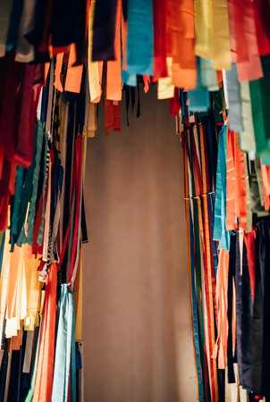 Colorful ribbons of different sizes and colors hanging on a wallの素材