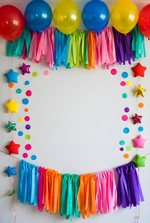 Birthday party decoration on white wall background with space for text.の素材