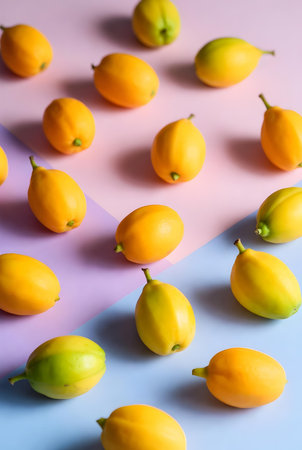 Yellow jalapeno peppers on pastel background. Flat lay.の素材