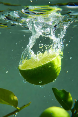 Lime in the water with splash and bubbles on a green backgroundの素材
