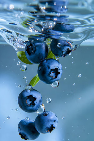 Blueberries falling into water with splash and bubbles on blue background.の素材