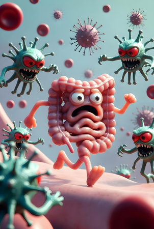 Funny cartoon monsters and viruses on a human body. 3d renderingの素材