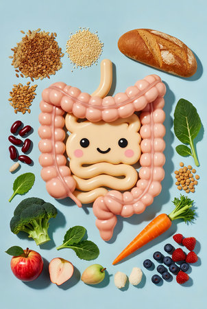 Healthy eating concept. Stomach with food on blue background.の素材