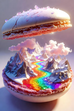 Rainbow donut with snow and mountains in the background. 3d renderingの素材