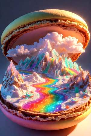 Rainbow cake with mountains in the background. 3D illustration.の素材