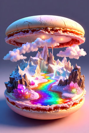 3D rendering of a fantasy landscape with a cake and a rainbowの素材
