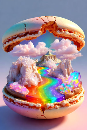 Fantasy scene with rainbow in an egg. 3D illustration.の素材