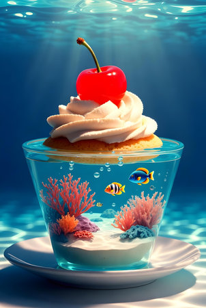 Cupcake with cherries and coral in water. 3d renderの素材