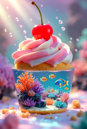 Cupcake with cherry on top and corals on the backgroundの素材