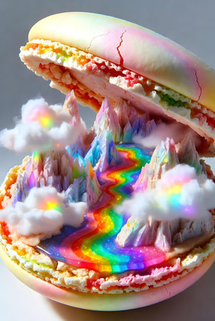Rainbow donut with rainbow on white background, closeup.の素材