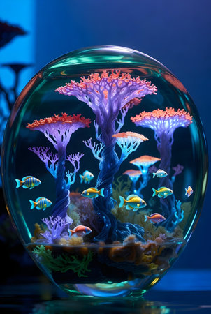 Colorful coral reef in a glass aquarium with colorful fishes swimming aroundの素材