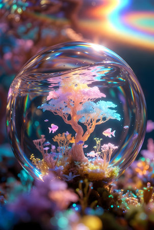 Crystal ball with underwater world and colorful corals. 3D renderingの素材