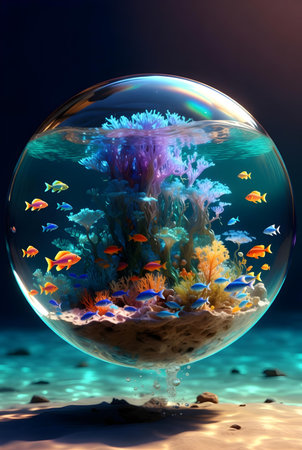 Colorful underwater world with fishes and corals. 3D renderingの素材