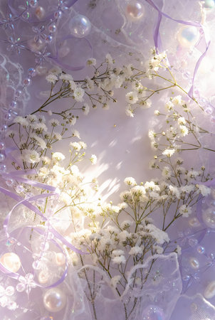 white gypsophila flowers and beads on a lilac backgroundの素材