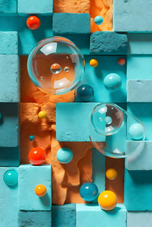 Colorful children's cubes with bubbles as background, closeup of photoの素材
